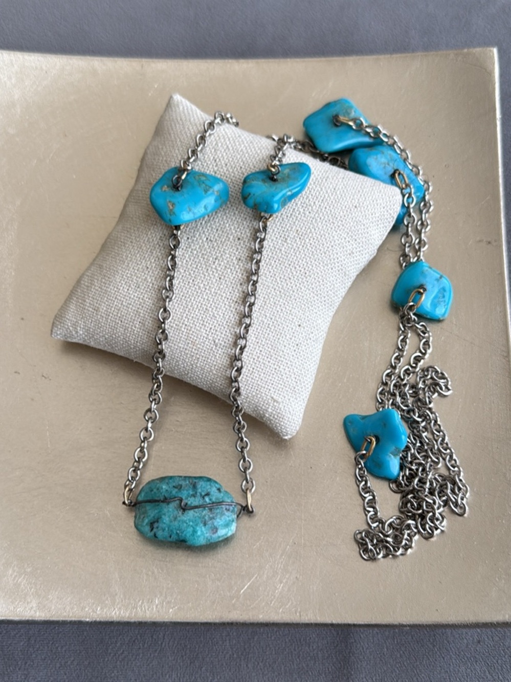 Turquoise Stone Silver Tone Long Chain Necklace - Blue Gems Southwestern Style
